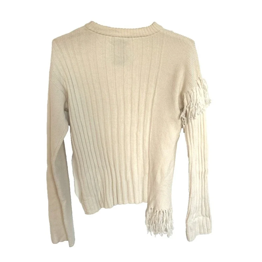 Xu Zhi x Fabrique Ivory Ribbed Knit Asymmetric Fringe Crewneck Wool Sweater Sz S